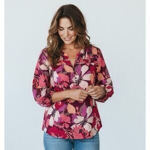 Liz Claiborne Top Size XL Bold Floral Crinkle Knit 3/4 Puff Sleeve Popover